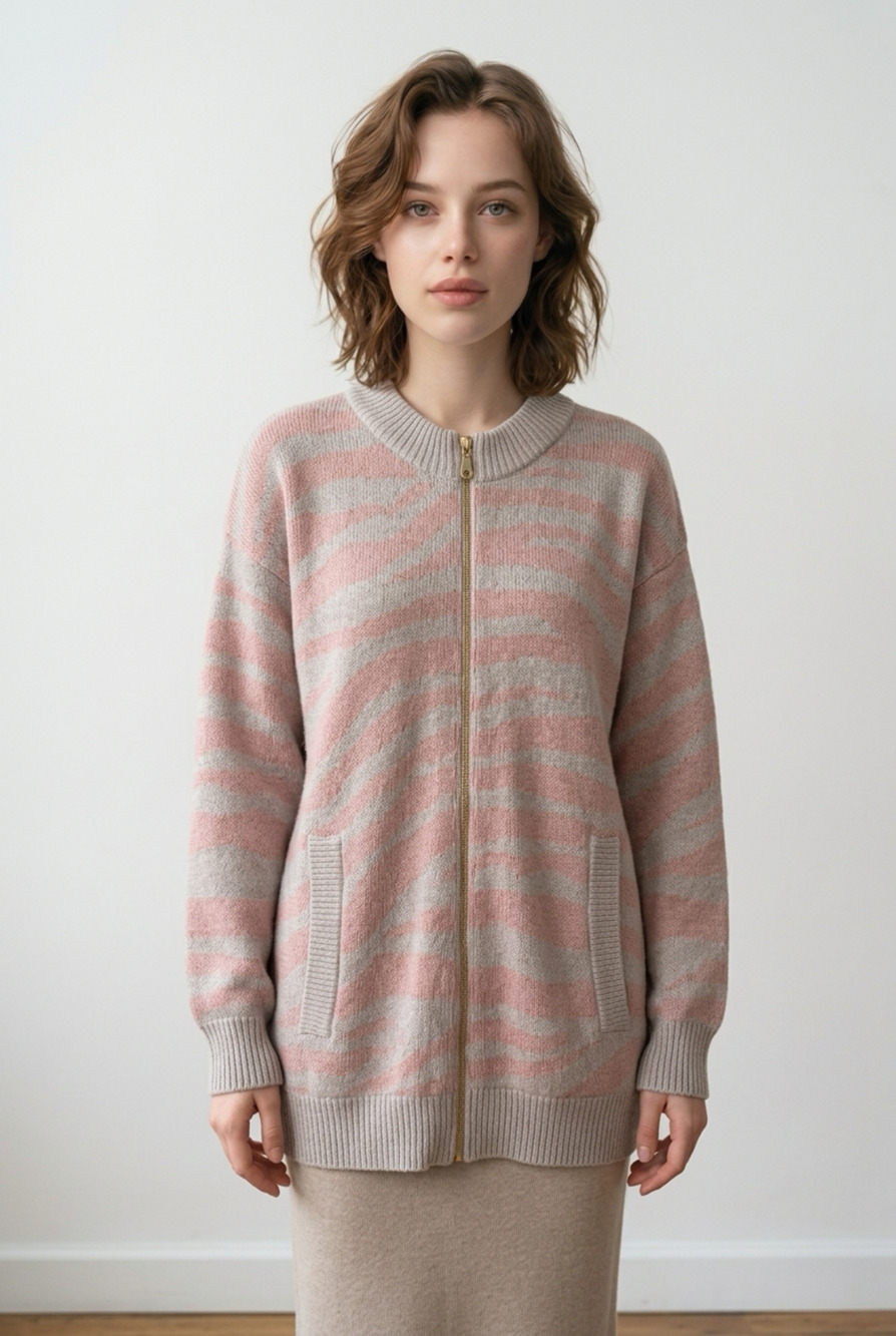 Varley Full Zip Knit Sweater Size XS Pink Zebra Wool Blend